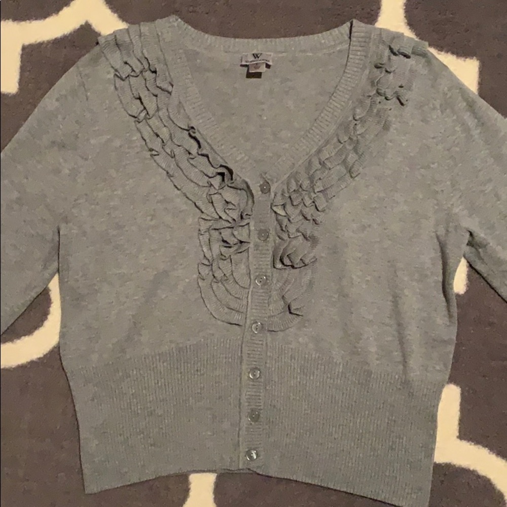 Ruffle Front Cropped Cardigan Sweater Large